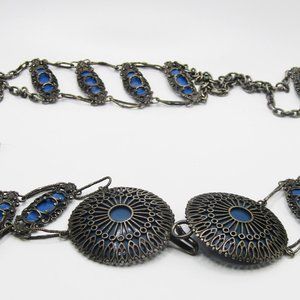 Vintage Metal Belt Filigree Chain Silver Blue OOAK Boho Hippie Ethnic